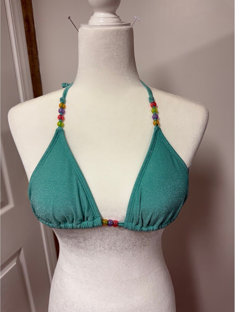 Wild Fable Aqua Blue Shimmer Triangle Bikini Top with Beaded Straps XXS